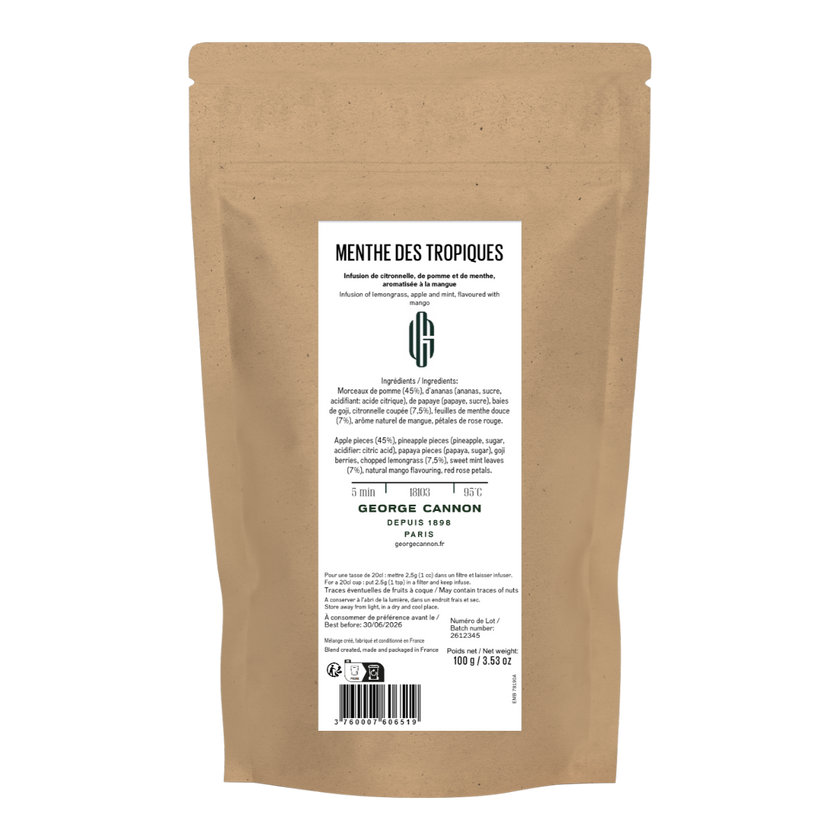 MENTHE DES TROPIQUES - Infusion de citronnelle, de pomme et de menthe, aromatisée à la mangue